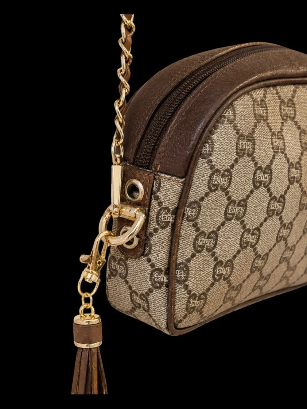 Authentic Gucci Beige/Brown GG Plus Canvas/Leather Crossbody chain-Tassel VG